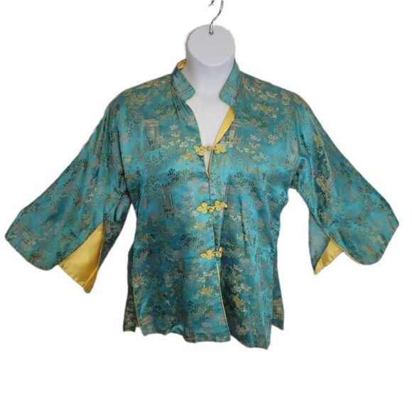 VINTAGE 70s Asian frog closure blue split sleeve‎ traditional brocade top M - Picture 1 of 11